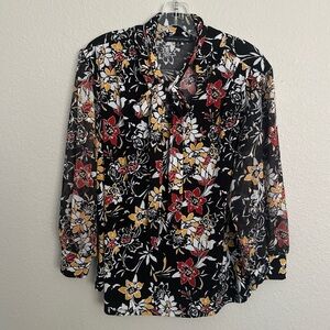Adrienne Vittadini tie crew print floral black long sleeve top blouses Size  XL